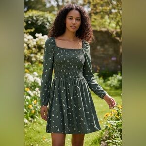 Justify Olive Green Smocked Square-Neck Long Sleeve Floral Midi Dress